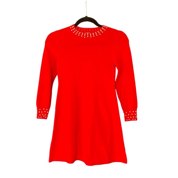 NWT Red Knit Dress W/ Pearl Embellished Neck & Cuffs By Poppies And Roses Size M - Picture 1 of 5